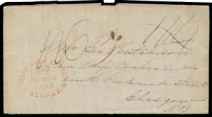 1838 entire letter headed "Sydney 15th Decr 1838" & signed "W McGarvie", to Scotland rated "3" with oval 'PAID SHIP LETTER/[crown]/DE*24/1838/SYDNEY' d/s in red, unframed 'INDIA LETTER/FALMOUTH' b/s in red rated "1/4" crossed-out & "1/6", London transit c