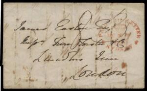 1840 (Oct 9) large-part entire signed "ACooper", to London with British 'SHIP-LETTER' h/s & London arrival b/s of 18FE18/1841 in red, rather aged. Ex Rod Moreton: on his exhibit page. [The writer, a lawyer, states "The place is glutted with any thing at t