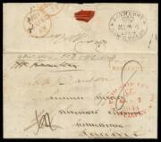 1844 outer to England with fine strike of the rounded-boxed 'PAID AT/BATHURST' h/s (#P15 in red) & superb oval 'BATHURST/[crown]/MA*4/1844/ NEW.S.WALES' b/s (#C65), rated "1/-" in red for 9d carriage between 80 & 120 miles + 3d shipletter fee, London arri