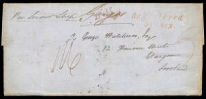 1847 (Oct 26) entire to Glasgow (very fine boxed b/s) endorsed "Per Second Ship Ganges" with a largely fine strike of the 2-line 'Registered/Sydney.' handstamp (#R1) in red & very fine GPO b/s (#S9), rated "3" in red for shipletter fee paid, 6d registrati