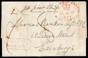 1849 entire headed "Tangorin" to Scotland "pr first ship" with a light but clear strike of the 'PAID AT/MAITLAND' handstamp (#P11) in black (contrary to regulations) & rated "7" in red for 4d local shipletter rate + 3d overseas shipletter, 'PAID SHIP LET