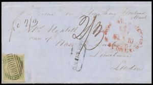 1850 outer to London "p Diana via Hong Kong p Overland Mail" with a largely very fine strike of the 'QUEENS WHARF' Receiving House handstamp and very fine Sydney Views 3d yellow-green SG 39 (full margins) just tied by a very fine bars cancel of Sydney, e