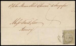 1852 outer to "Messrs Tait & Co/Amoy" endorsed "P&O Con Steam Ship Chusan to Singapore" with a very fine Sydney View 3d yellow-green/blue paper SG 42 (an early impression with full margins) tied by light bars cancel of Sydney, 'SHIP LETTER/[crown]/AU*30/1