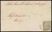 1852 outer to "Messrs Tait & Co/Amoy" endorsed "P&O Con Steam Ship Chusan to Singapore" with a very fine Sydney View 3d yellow-green/blue paper SG 42 (an early impression with full margins) tied by light bars cancel of Sydney, 'SHIP LETTER/[crown]/AU*30/1