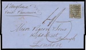 1854 (Apr 11) double-rate outer to London "p Anglesea/via Panama" with Laureates 6d yellow-brown/blue SG 74 (margins shaved - at left & lower-left - to large) tied by bars cancel of Sydney, London arrival b/s of '18JY18/1854' in red & rated "4/-". A very 