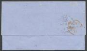 1854 (Apr 11) double-rate outer to London "p Anglesea/via Panama" with Laureates 6d yellow-brown/blue SG 74 (margins shaved - at left & lower-left - to large) tied by bars cancel of Sydney, London arrival b/s of '18JY18/1854' in red & rated "4/-". A very - 2