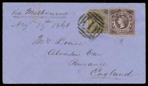 1861 (Sep 22) "Riverina Cover" to Cornwall with rare combination franking of Diadems 6d purple (trimmed perfs at left) with indistinct cancel + Victoria Beaded Ovals 6d black tied by bold BN '1', backstamps of 'HAY/NSW', ''DENILIQUIN' & 'MOAMA' plus light