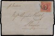 1864 (Feb 20) fragile outer to Shanghae "p Madras" with Diadems 1/- carmine (defective) tied by 'NSW'-in-ovals & fine Sydney b/s, 'HONG-KONG/AP11/64' transit b/s in blue, extensive archival tape repairs within.