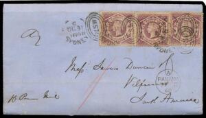 1868 (Oct 31) mercantile entire headed "Campbells Wharf Sydney" & endorsed "p Panama Mail" to "Valparaiso/ South America" with Diadems 6d purple single & pair tied by Sydney duplex, very fine British Post Office 'PANAMA/ DE5/68' transit cds on the face, m