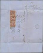 1868 (Oct 31) mercantile entire headed "Campbells Wharf Sydney" & endorsed "p Panama Mail" to "Valparaiso/ South America" with Diadems 6d purple single & pair tied by Sydney duplex, very fine British Post Office 'PANAMA/ DE5/68' transit cds on the face, m - 2