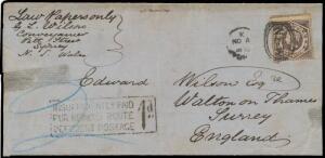 1870 (Nov 4) wrapper endorsed "Law Papers only/..." at upper-left, to Surrey with Diadems 6d purple tied by Sydney duplex paying 3d printed matter rate via Marseilles x2, at London a largely very fine strike of the very rare boxed 'INSUFFICIENTLY PAID/FOR