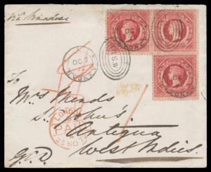 1872 (Oct 7) cover to "St Johns/Antigua/West Indies" endorsed "via Brindisi" with Diadems 1/- carmine (a deep rich shade) single & pair tied by fine Sydney duplex cancels, London transit cds of 25NO72 in red on the face where rated "11" but that crossed-t
