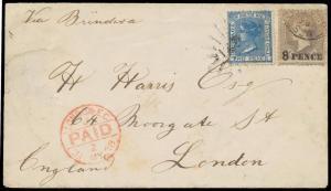 1878 (April 14) envelope to London "Via Brindisi" with rare combination franking of NSW DLR 2d blue tied by indistinct Rays '140' of 'WENTWORTH/NSW' (b/s) & South Australian '8 PENCE' on 9d grey-brown just tied by part Adelaide GPO cds with a very fine st