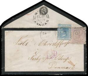 1879 mourning cover to Denmark with De La Rue 2d (folded over the top of the envelope) & 6d tied by '26AU/79 - 914' duplex, Sydney transit b/s & '1½D' h/s in purple, London transit & 'ODENSE' arrival b/s, minor blemishes. Ex Trevor Davis.