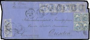 1895 long cover to Germany with remarkable franking of 2d Emu block of 4 & 2½d Allegorical pair & strip of 6 all tied by Sydney duplex, German arrival b/s, vertical fold & a few faults. The rate for a letter weighing between 3½ & 4oz was 2½d x8 = 2/-.
