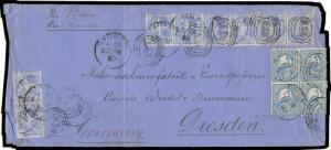 1895 long cover to Germany with remarkable franking of 2d Emu block of 4 & 2&frac12;d Allegorical pair & strip of 6 all tied by Sydney duplex, German arrival b/s, vertical fold & a few faults. The rate for a letter weighing between 3&frac12; & 4oz was 2&frac12;d x8 = 2/-.