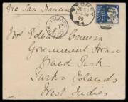 1894&nbsp;cover to "Government House/Grand Turk/Turks Islands/West Indies" with 2&frac12;d tied by Sydney duplex, San Francisco transit b/s & 'TURKS-ISLANDS/JA25/00' arrival cds on the face. From a well known correspondence, of which most items are postal stationery.