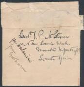 1900 plain wrapper to "JP McGlinn/Adjutant & Quartermaster/New South Wales Mounted Infantry/South Africa" with 1d Arms tied by Newcastle cds, minor soiling. Rare inwards item. [Mail TO war zones is always much scarcer than mail from the conflict. It is al - 2