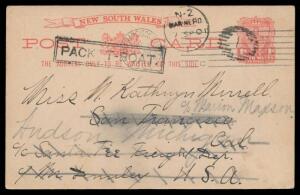 1901 (Sep 1) usage of NSW 1d Postal Card "TOWN HALL SYDNEY" to California, posted aboard ship with terrific combination of New Zealand markings '1'-in-bars cancel, 'NZ/MARINE PO/7SP01' cds and double-boxed 'PACKET- BOAT.' handstamp, also cancelled with Sa