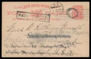 1901 (Sep 1) usage of NSW 1d Postal Card "TOWN HALL SYDNEY" to California, posted aboard ship with terrific combination of New Zealand markings '1'-in-bars cancel, 'NZ/MARINE PO/7SP01' cds and double-boxed 'PACKET- BOAT.' handstamp, also cancelled with Sa