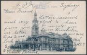 1901 (Sep 1) usage of NSW 1d Postal Card "TOWN HALL SYDNEY" to California, posted aboard ship with terrific combination of New Zealand markings '1'-in-bars cancel, 'NZ/MARINE PO/7SP01' cds and double-boxed 'PACKET- BOAT.' handstamp, also cancelled with Sa - 2