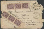 1906 cover to British Columbia endorsed "Post Cards", badly damaged in transit from being over-packed, mss "T30" & Canadian "12cts due" with Canadian Postage Due 2c x6 tied to the reverse by 'NANAIMO' cds, apparently returned to the sender endorsed "on a - 2