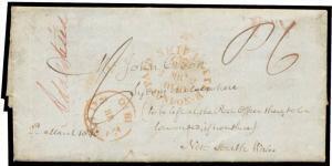 INWARDS MAIL: (March 2) entire from London to "Mr John Crook/Sydney or elsewhere/(to be left at the Post Office there, to be/forwarded, if not there)", arrival b/s of JY14/1840 (#S7) & rated "6" for an incoming double shipletter, endorsed "Advertised" in