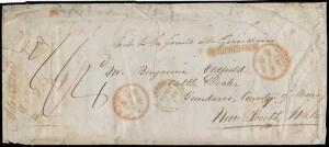 INWARDS MAIL: 1848 (Jan) long Toulmin Packet cover from England to a "Cattle Dealer/Gundaroo, County of Murray/New South Wales" with 'LEEDS' cds & London Paid cds both in red, endorsed "above 1oz" & rated "4/-" both in red, 'SHIP LETTER/[crown]/JA17/184