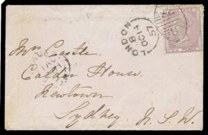 INWARDS MAIL: 1857 small envelope from GB to "Calder House/Newtown" with very fine 'Woolwich WO' h/s in blue on the reverse & 6d pale lilac SG 70 tied by 'LONDON/OC14/57 - SE/8' duplex, Sydney transit of JA11/1858 & Newtown arrival b/s. Calder House was