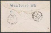 INWARDS MAIL: 1857 small envelope from GB to "Calder House/Newtown" with very fine 'Woolwich WO' h/s in blue on the reverse & 6d pale lilac SG 70 tied by 'LONDON/OC14/57 - SE/8' duplex, Sydney transit of JA11/1858 & Newtown arrival b/s. Calder House was - 2