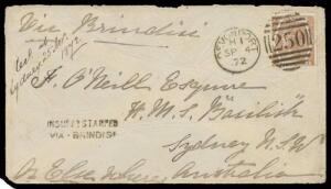 INWARDS MAIL: 1872 cover from GB to HMAS Basilisk at Sydney "or Elsewhere", endorsed "Via brindisi" but with 6d brown Plate '11' only & largely very fine 'INSUFFY STAMPED/VIA-BRINDISI' h/s, apparently carried in a naval or closed bag, endorsed by the reci