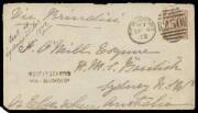 INWARDS MAIL: 1872 cover from GB to HMAS Basilisk at Sydney "or Elsewhere", endorsed "Via brindisi" but with 6d brown Plate '11' only & largely very fine 'INSUFFY STAMPED/VIA-BRINDISI' h/s, apparently carried in a naval or closed bag, endorsed by the reci