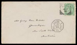 INWARDS MAIL: 1893 (Oct 5) cover from Aden with East India 2a6p green tied by 'ADEN' squared-circle, superb French mailboat octagonal 'LIGNE T/12/OCT/93/PAQ FR No 1' d/s, Sydney transit b/s of NO3/93 & poor Queanbeyan b/s, repaired flap. Carried per Messa