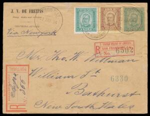 INWARDS MAIL: 1894 usage from the Azores of 'ANGRA' 25r blue-green Envelope with local stamp dealer's imprint at upper-left, uprated with 25r & 100r tied by 'CORRo e TELLo/23JAN94/ANGRA do KEROIMAO' (?) cds, Portuguese red/buff registration label - fault 