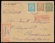 INWARDS MAIL: 1894 usage from the Azores of 'ANGRA' 25r blue-green Envelope with local stamp dealer's imprint at upper-left, uprated with 25r & 100r tied by 'CORRo e TELLo/23JAN94/ANGRA do KEROIMAO' (?) cds, Portuguese red/buff registration label - fault