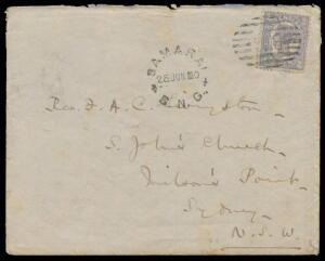 INWARDS MAIL: 1900 (June 25) cover from British New Guinea with embossed '[bishop's mitre]/M.J.S.-W.' on the flap, to Sydney with Queensland Four Figures 2d tied by 9-bars 'BNG' cancel of 'SAMARAI/BNG' (26mm cds alongside), small faults & some soiling. Ex