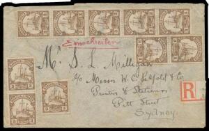 INWARDS MAIL: 1910 commercial cover from Nauru with unusual franking of 3pf x10 tied by poor strikes of the Nauru cds, 'Nauru/(Marshall-Inseln)' registration label wrapped around the cover at right, fair Sydney arrival b/s of AU25/10. Ex Thomas Osdene & J