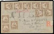 INWARDS MAIL: 1910 commercial cover from Nauru with unusual franking of 3pf x10 tied by poor strikes of the Nauru cds, 'Nauru/(Marshall-Inseln)' registration label wrapped around the cover at right, fair Sydney arrival b/s of AU25/10. Ex Thomas Osdene & J
