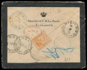 INWARDS MAIL: 1915 mourning cover with embossed '[crown]/MAISON DE SM LA REINE/ELISABETH' on the flap, from Rumania with 50b orange tied to the reverse & 'Buc Gara Nord' registration label, London transit b/s in red, poor Sydney cds on the face, Newcastle