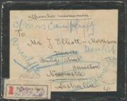 INWARDS MAIL: 1915 mourning cover with embossed '[crown]/MAISON DE SM LA REINE/ELISABETH' on the flap, from Rumania with 50b orange tied to the reverse & 'Buc Gara Nord' registration label, London transit b/s in red, poor Sydney cds on the face, Newcastle - 2