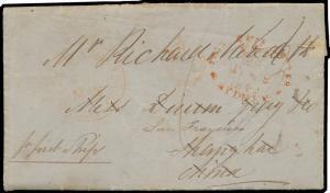 1849 entire letter headed "Brisbane NSW/Moreton Bay/July 3d 1849" to "Shanghai/China" & endorsed "pr first Ship", apparently carried privately to Sydney where 'PAID SHIP LETTER/[crown]/JY*9/1849/SYDNEY' d/s struck in red, light 'HONG-KONG/20OC/1849' trans