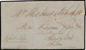 1849 entire letter headed "Brisbane NSW/Moreton Bay/July 3d 1849" to "Shanghai/China" & endorsed "pr first Ship", apparently carried privately to Sydney where 'PAID SHIP LETTER/[crown]/JY*9/1849/SYDNEY' d/s struck in red, light 'HONG-KONG/20OC/1849' trans