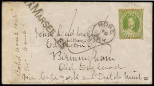 1866 cover to "Old England"(!) with the rare endorsement "via Cape York and Dutch Mail" with Rough Perfs 6d yellow-green tied by 'QL'-in-Rays, 'SHIP LETTER/AP5/66/=QUEENSLAND=' b/s, London transit b/s of JU6/66 where superb 'VIA MARSEILLES' h/s - the only