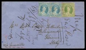 1869 (Feb 28) cover to Italy unusually "via Marseilles" with Small Chalons 2d blue x2 & 6d yellow-green tied by light but legible Rays '79' cancels of 'GAINSFORD' (b/s), faint French mailboat transit cds in red on the face, very fine '11 M/FIRENZE/MAG 12/