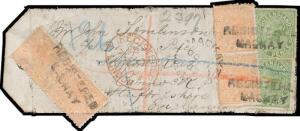 1883 linen parcel tag to Staffordshire with Lined Background 1d pale red two pairs & 6d green x2, 'REGISTERED/ MACKAY' handstamps & 'MACKAY/OC11/83/QUEENSLAND' cds, oval 'REGISTERED/ XD /7DE83/LONDON' transit d/s in red on the face & superb 'STAFFORD STAT