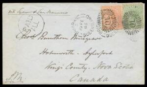 1885 (Feb 19) cover to "Kings County Nova Scotia/Canada" endorsed "via Sydney & San Francisco" with Second Sidefaces 1d & 6d tied by very fine Brisbane duplex cancels, very fine Postal Treaty 'PAID/ALL' h/s of Brisbane (?), 'WINDSOR-ONT/MR3/85/CANADA' tra