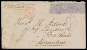 1886 cover to Mauritius "p Messageries Maritimes/via Melbourne" with Lined Background 2d x3 (one defective) tied by poor Rays cancels of 'MACKAY' (cds below), Brisbane b/s & French mailboat 'LIGNE T/PAQ FR No 3' transit cds in red, Port Louis arrival b/s,