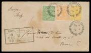 1889 cover to Italy with Second Sidefaces 1d orange-red, 4d yellow & 6d green tied by 'REGISTERED LETTER OFFICE/NO4/89/BRISBANE' cds, 'NAPOLI/13/12-89/(FERROVIA)' b/s & boxed registration datestamp on the face, 'ROMA/(RACCOM)' arrival b/s, a few oily stai