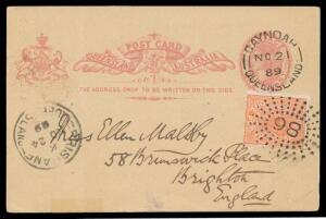 1889 usage of QV 1d rose Postal Card to England uprated with Second Sidefaces 1d, superb Rays '86' & 'GAYNDAH' cds, Maryborough & Brisbane transit cds & Brighton arrival cds on reverse, creased at left.