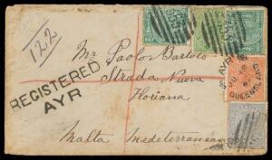 1891 cover to Malta with four-colour franking of Lined Background &frac12;d x2 1d 2d & 6d tied by fine BN '353' & very fine 'AYR/JU12/91/QUEENSLAND' cds, superlative 'REGISTERED/AYR' handstamp at left, 'TOWNSVILLE', 'SUEZ' & 'ALEXNDRIE' transit & 'MALTA' arrival